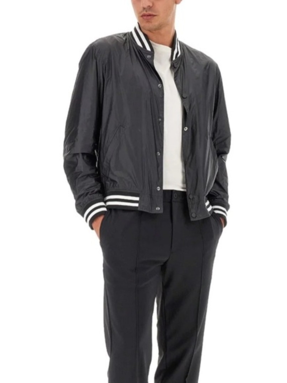 Theory Black Bomber Jacket with White Stripe Trim